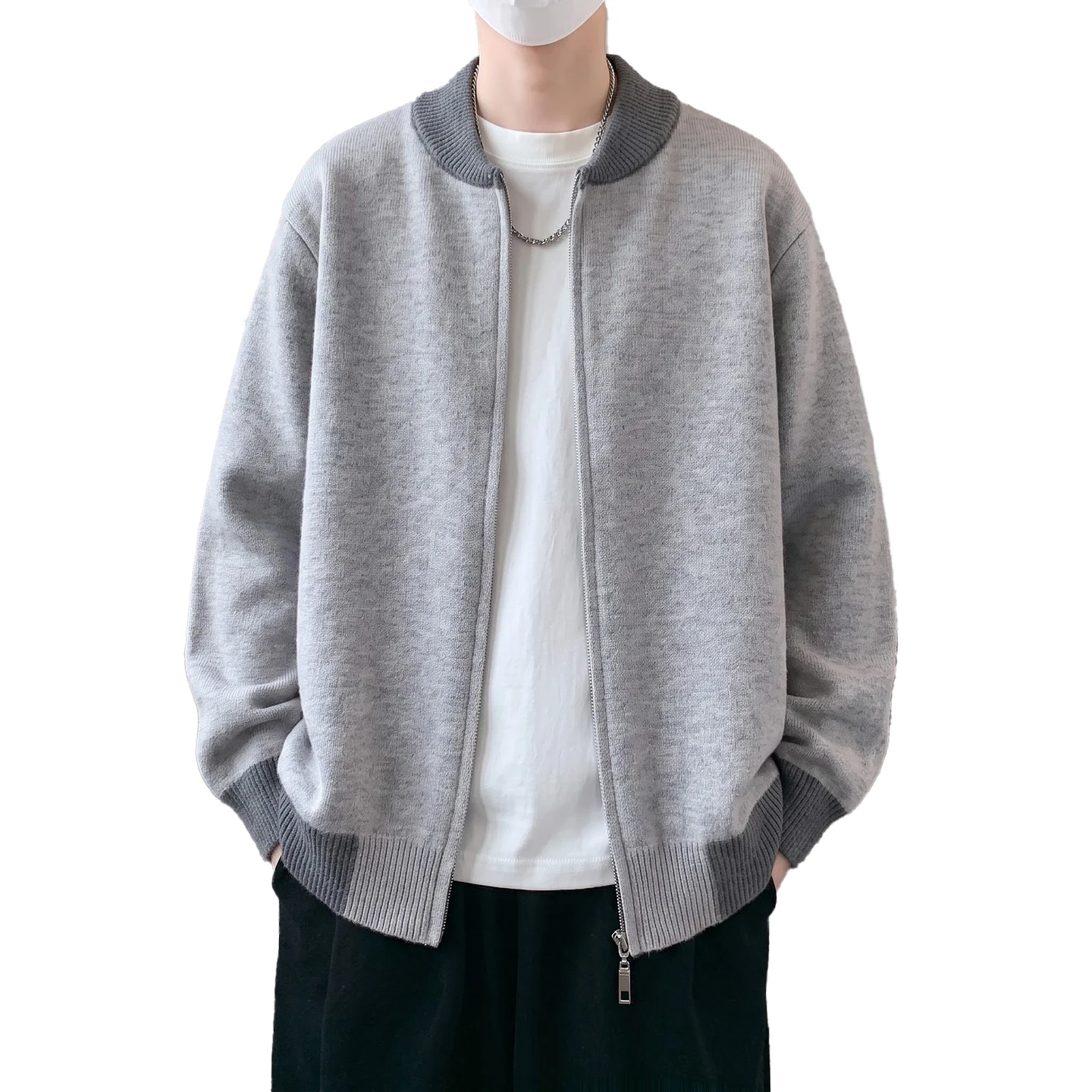 Trendy Men's Open Shirt New Autumn Winter Solid Color Full Zipper Knit Sweater Long Sleeve Minimalist Urban Fashion Casual Coat