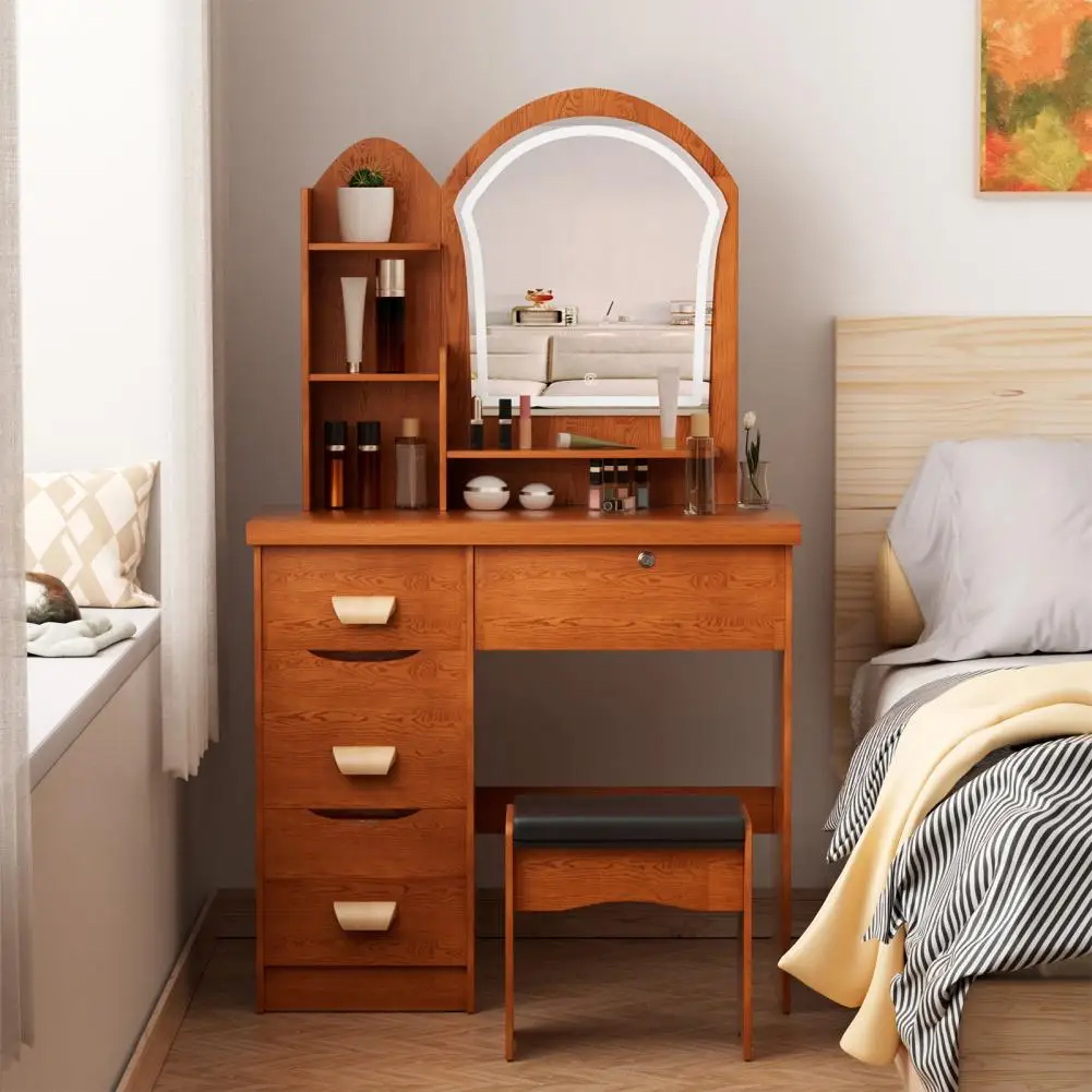 White Vanity With Mirror, Light, And Makeup Stool ,Vanity With 3 Lighting Modes, 4 Drawers And Opening Shelves Bedroom For Women