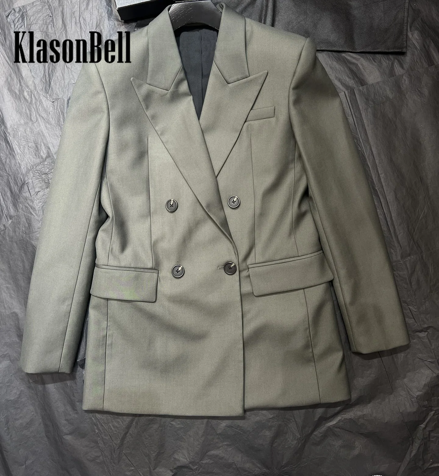 8.2 KlasonBell Women Fashion Temperament Celebrity Same Double Breasted Blazer Wool Blend Shoulder Pads Pocket Casual Jacket