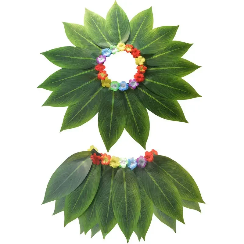 Luau Party Dress Outfit, Hawaiian Hula Grass Skirt with Flower Leis for Women Girls Men