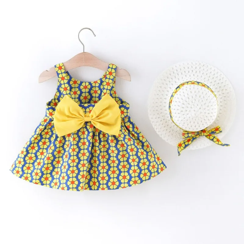 Girls' Dress Summer Foreign Trade Children's Wear New Halter Bow Flowers Full Print Halter Floral Dress To Send Hat