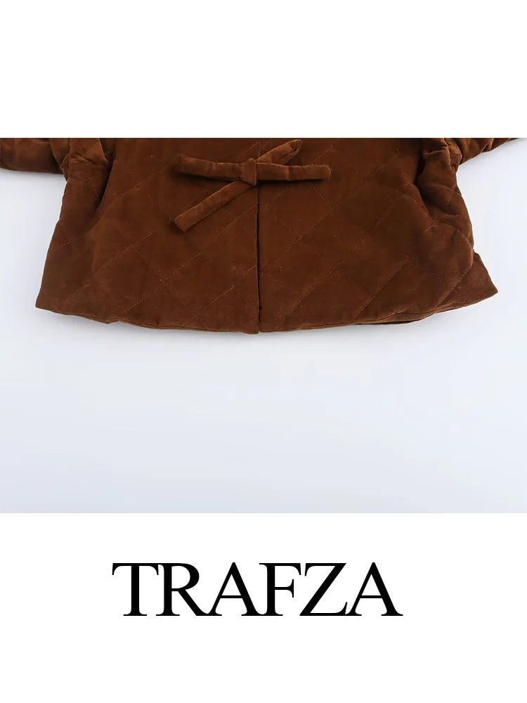 TRAFZA ฤดูใบไม้ร่วงผู้หญิงแฟชั่นสีน้ําตาลสีทึบครึ่งแขนโบว์ตกแต่งแจ็คเก็ตหญิงรอบคอ High Street สั้นเสื้อ