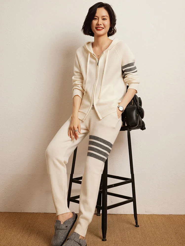 

Осень-зима, 100% кашемировый костюм, женский кардиган на молнии с капюшоном, вязаный свитер, спортивные штаны, повседневный спортивный комплект из двух предметов, утолщенный