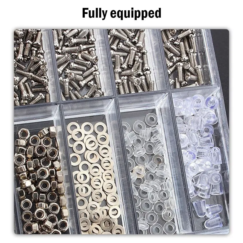 1000-teiliges Brillenreparatur-Set mit verschiedenen Mikroschrauben/Muttern/Unterlegscheiben/Abstandshalterkappen, 18-in-1, in Box – Detail 5
