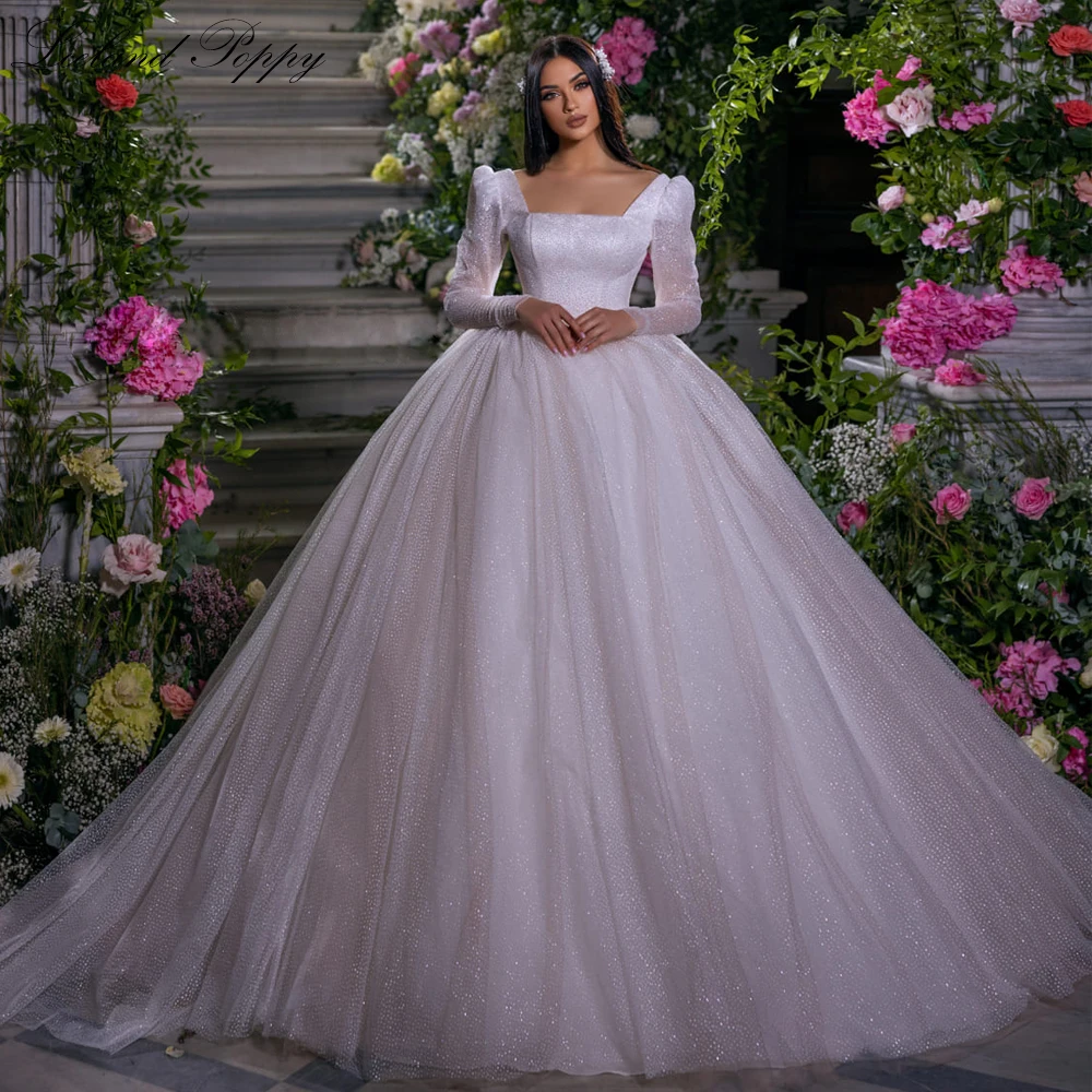 

Lceland Poppy Square Neck Ball Gown Glitter Tulle Wedding Dresses Long Sleeves Floor Length Bridal Gowns with Chapel Train