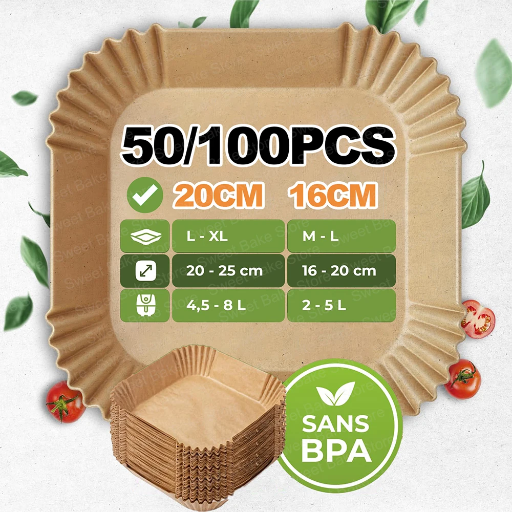 Papel para hornear cuadrado para freidora de aire para cesta Philips, Ninja, Cosori de 3-8 L, revestimientos de papel pergamino desechables resistentes (16/20 cm)