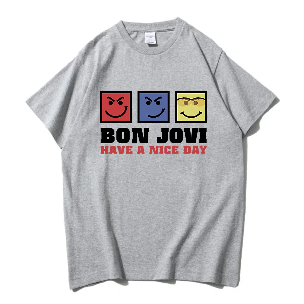 احصل على يوم جميل تي شيرت BONJOVI روك باند موضة بلايز قصيرة الأكمام القطن الذكور تي شيرت للجنسين الشارع الشهير فضفاض س الرقبة الرجال قميص #4