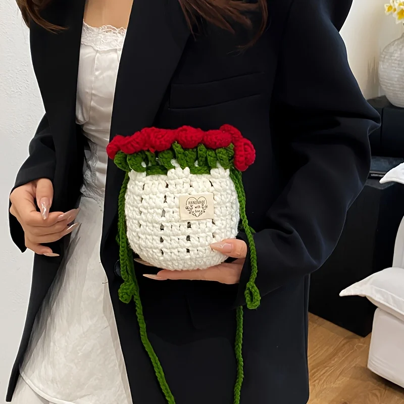 

Ladies' Crossbody Bag - Sweet and Lovely Flower Handmade Needle Hook Woven Korean Style New Contrasting Color Bucket Bag