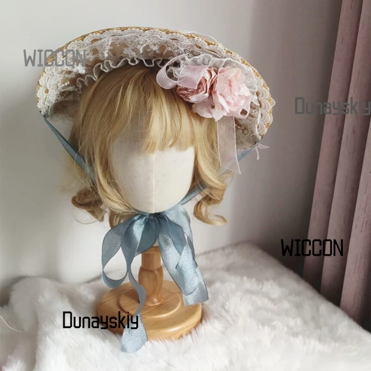 Пастельная соломенная шляпа Лолиты Cottagecore с цветочным принтом, французский капот с широкими полями, шелковые ленты, элегантная шляпа от солнца, фея Kei/косплей, Хэллоуин