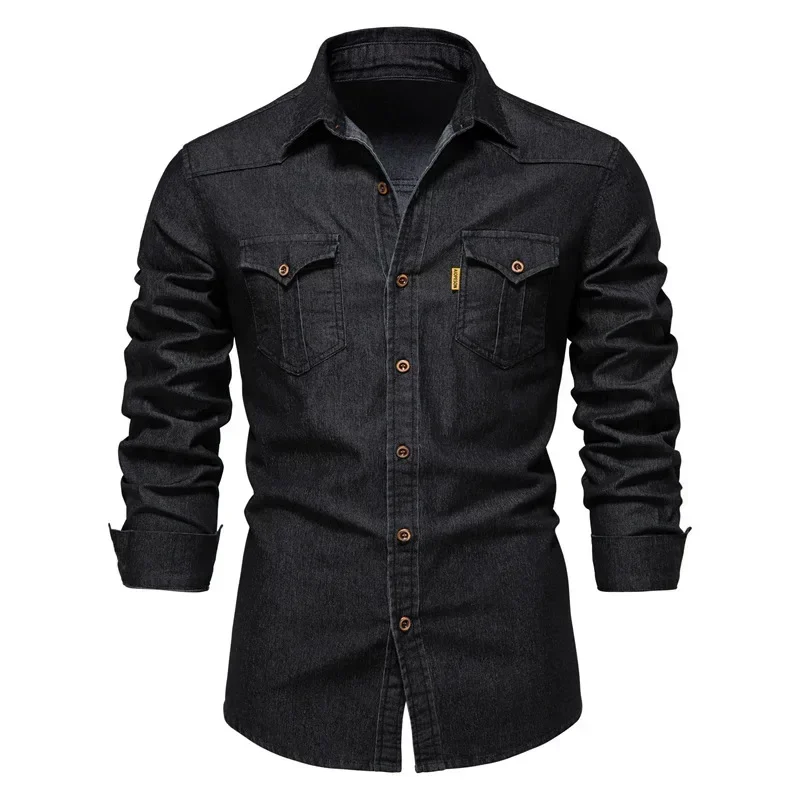 Nueva camisa vaquera sin hierro para hombre, camisa informal de manga larga ajustada y versátil de Color sólido para primavera y otoño, ropa para hombre