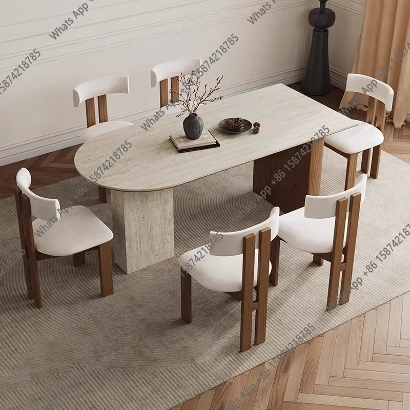 

Zc X Medieval French Retro Solid Wood Dining Table Travertine Rock Slab Small Apartment Designer Creative Semi-oval Island Dinin