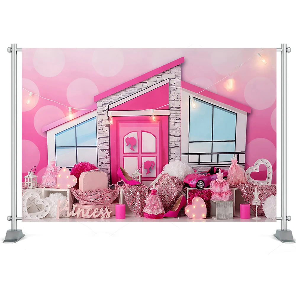 Pink Doll Dreamhouse Photo Background for Girl Birthday Cake Smash Photography Backdrop High Heel Dress Photo Studio Props