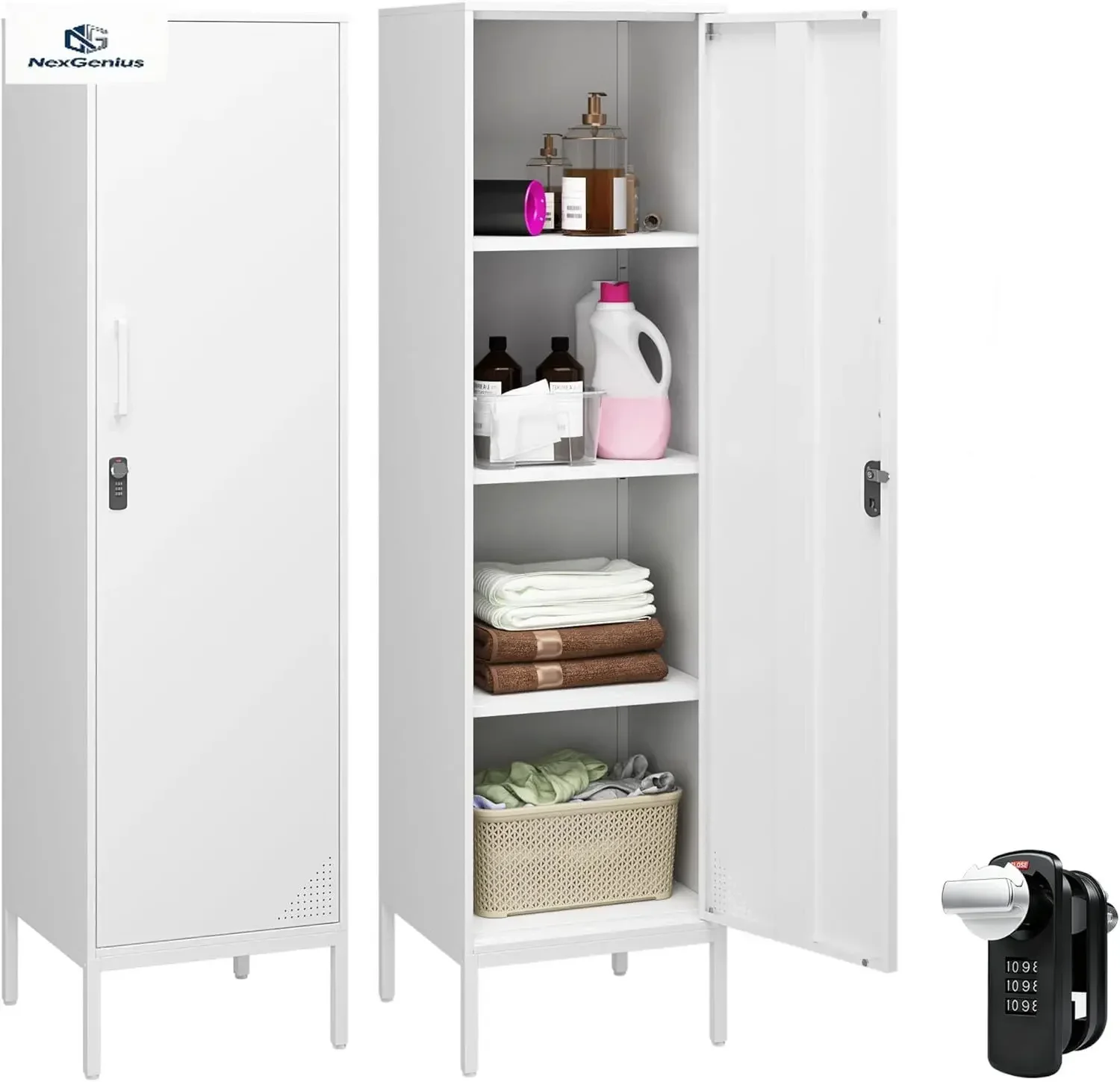 Metal Locker with Lock, Lockable Storage Cabinet with Door and Shelves, Steel File Cabinet with 3 Tier Shelves for School, Livin