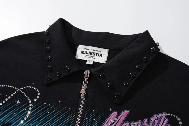 Half Zip Lapel Nail Bead Black Short Sleeve Summer MAJESTIK Tshirt Hotfix Rhinestone Letter Sports Car Night View Tops Men Women