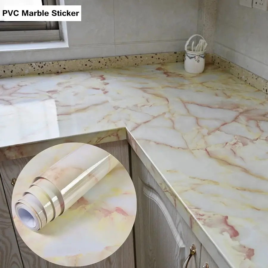 DIY กระดาษสติกเกอร์ครัวสีทึบ PVC Self-Adhesive Home ตกแต่ง Marble Wallpaper ห้องนั่งเล่น Study เฟอร์นิเจอร์