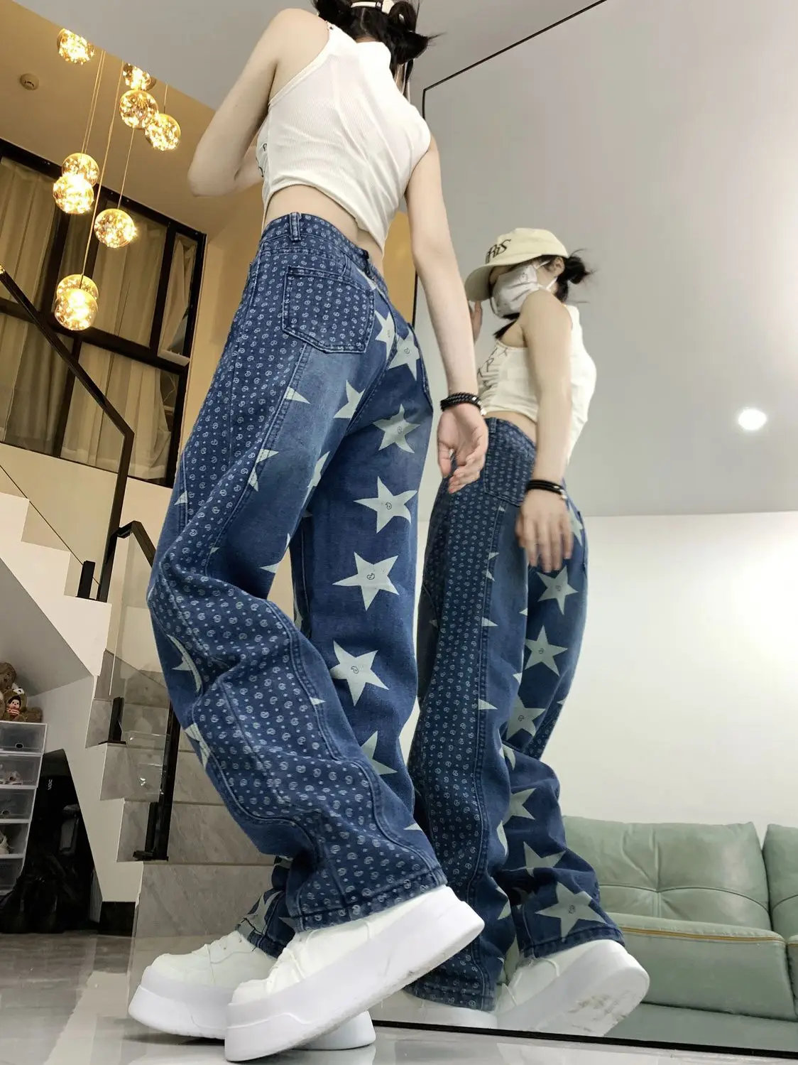 Jeans Blauw Gesplitst Sterontwerp Vintage Met Hoge Taille Voor Vrouwen 2024 Koreaanse Mode Y 2K Causale Denim Jeans Hiphop Punkbroek