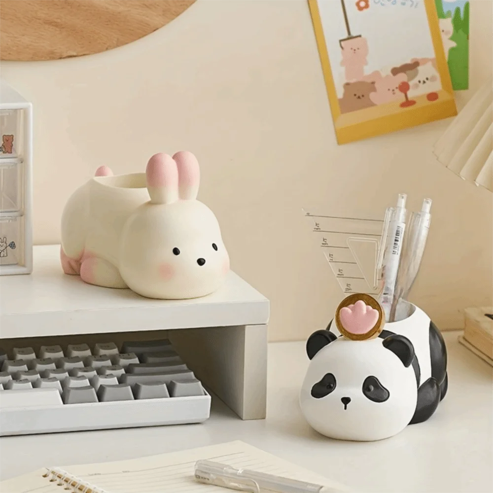 

Funny Cute Animal Pen Holder Cartoon Unique Resin Panda Statue Large Capacity Desktop Rabbit Ornament Desk