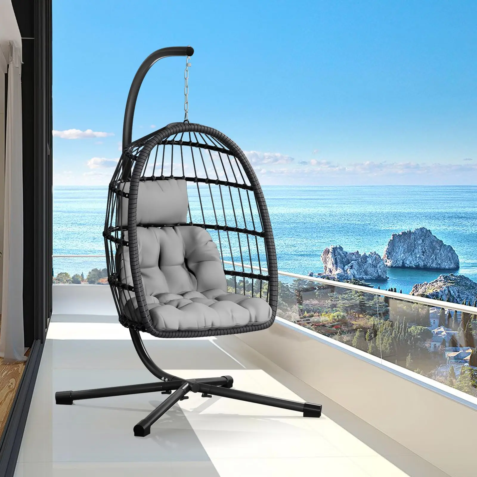 Egg Chair with Stand,Patio Rattan Wicker Hanging Swing Egg Chair Hammock Chair for Bedroom Porch Garden,Thickened
