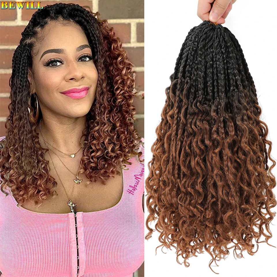 1-6 Packs 14 Inch Boho Goddess Box Braids Crochet Hair with Curly Ends Ombre Brown Auburn Bug 16 Colors Soft Net Synthetic Hair