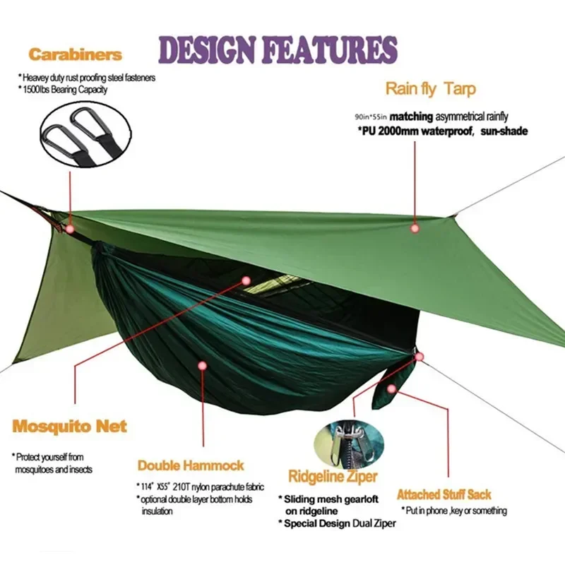 Camping Hammock,Portable Travel Hammock with Mosquito Net and Rain Fly,Tree Lightweight Hammock Tent for Outdoor Backyard Hiking