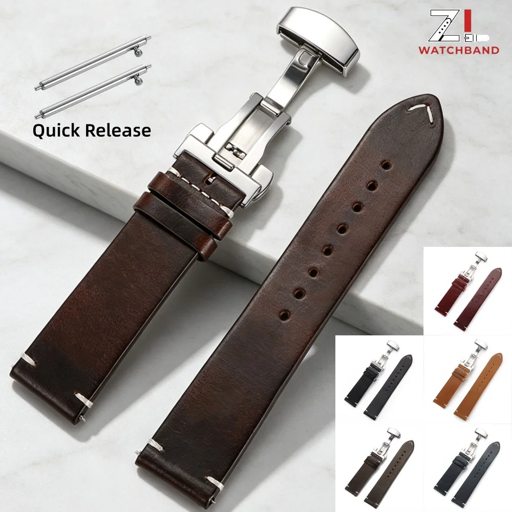 Butterfly Buckle Vintage Soft Oil Wax Watch Band 18mm 19mm 20mm 21mm 22mm 24mm Cowhide Watch Strap Quick Release Watchband Wrist