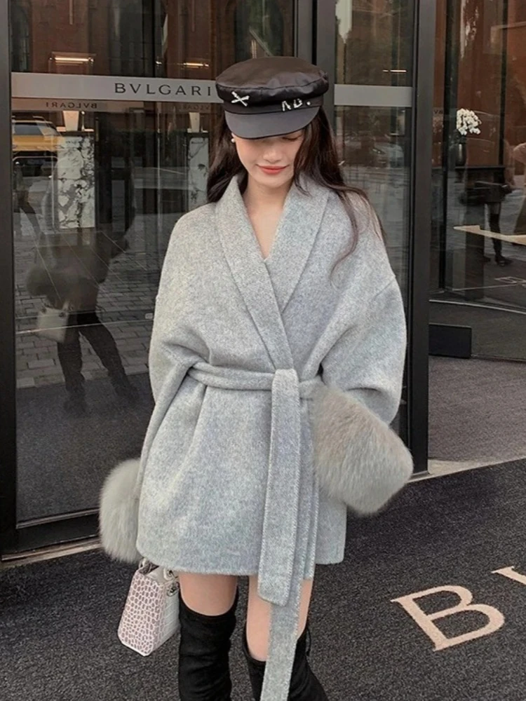 Femme réel fourrure de renard laine mélanges veste nouveau automne hiver vêtements femmes mode épais chaud cachemire solide fourrure laine manteau