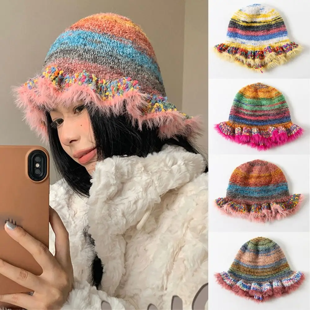 Gorro de pescador de punto de ganchillo Vintage para mujer, gorro de pescador cálido a rayas del arco iris para invierno