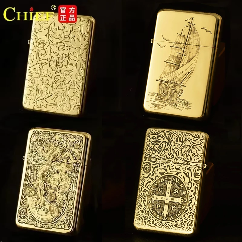 Exquisite Brass Kerosine Lighter Slim Windproof Vintage Grinding Wheel Ignition Lighter Cigarette Accessories Men\'s Gift