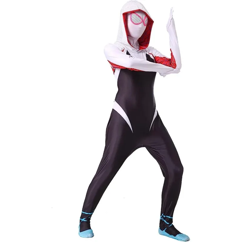 Meisjes Gwen Spider Cosplay Kostuum met Masker Kids Wit Spidergirl Bodysuit Jumpsuit Masker 3D Stijl Halloween Kostuums Pak
