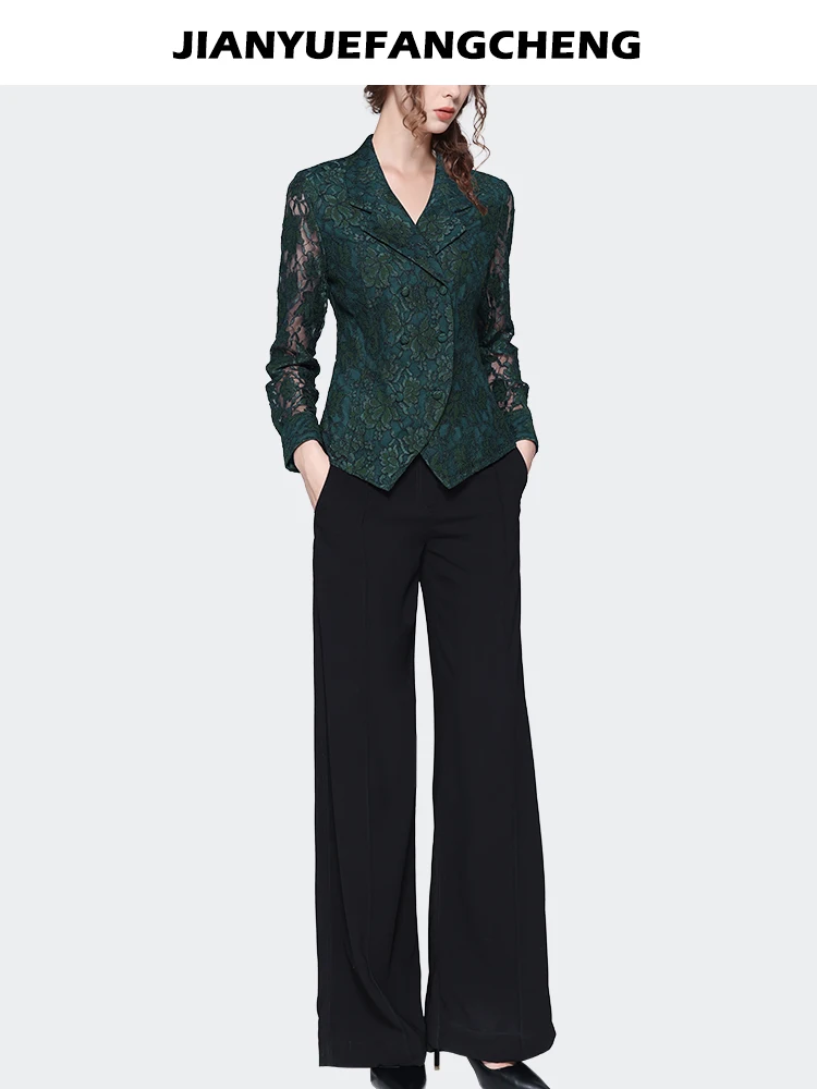 Long Sleeve Green Lace Top Women 2023 Autumn New Elegant Slim Suit Collar Hollow Out Floral Shirts Vintage Casual Blouses