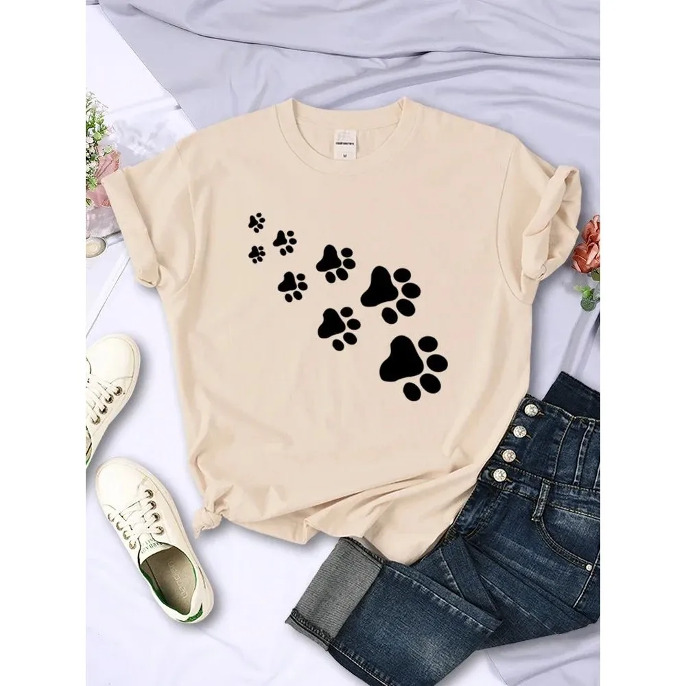 

White Paw Print Women's T-irt Summer Faion Casual Tee ex Autumn Season Classic Design Comfortable Cotton Top