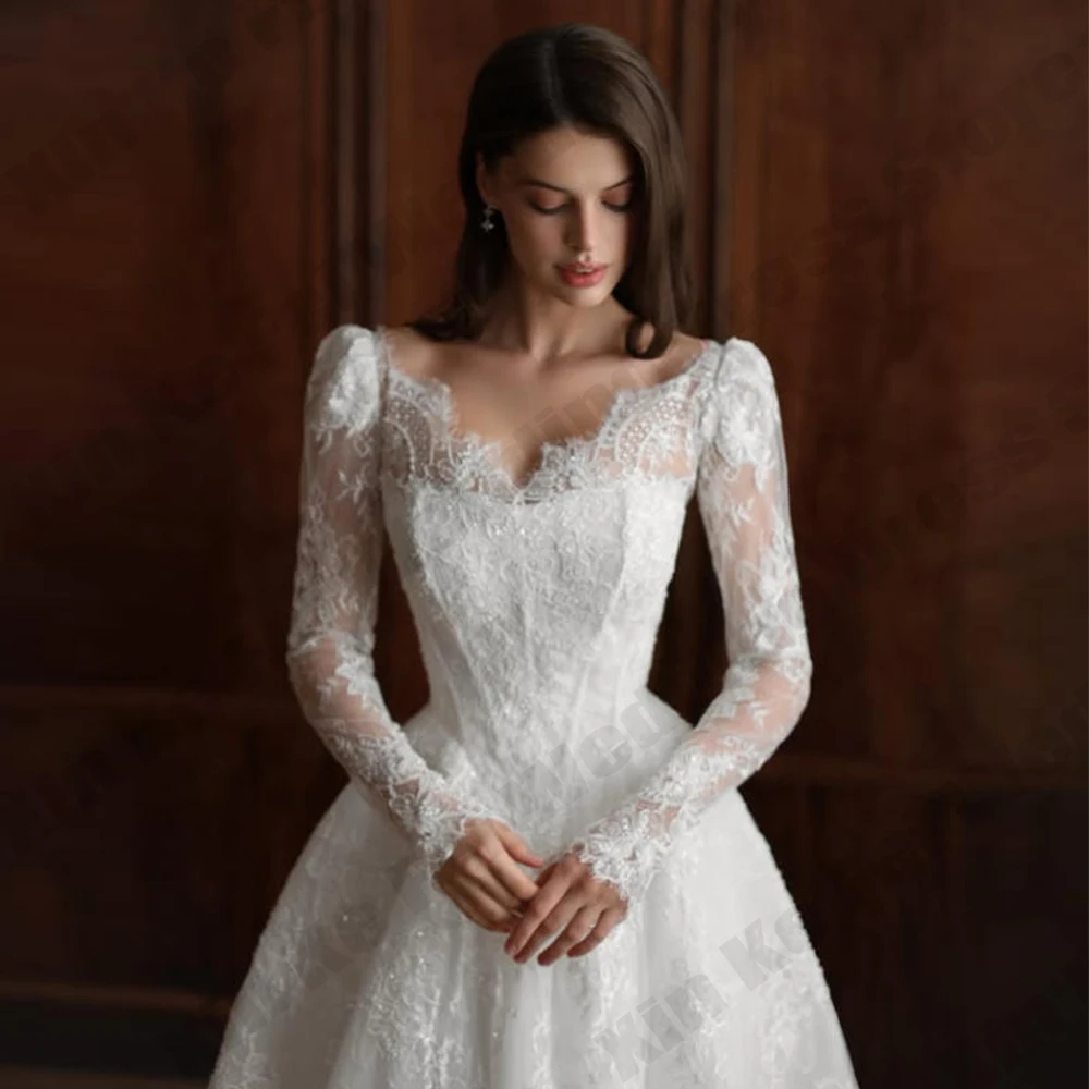 Vintage Damen Brautkleider mit wunderschöner Spitze, A-Linie, langärmelig, Prinzessinnen-Stil, für Abschlussball, Hochzeit, formelle Anlässe, Strandpartys, maßgeschneiderte Robe