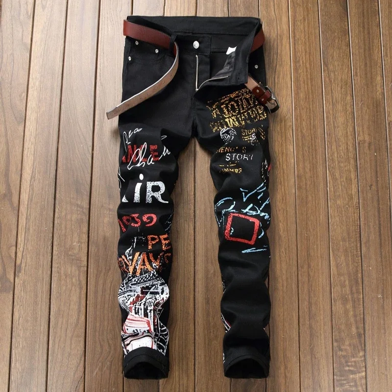 Plus Size 28-42 Men Punk Jeans Casual Fashion Street Hip Hop Cotton Stretch Long Denim Pants Straight Trousers no belt