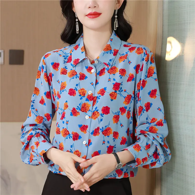 French Retro Blue Rose Print Blogger Style Pictorial Series Small Lantern Sleeve Commuting Sand Washed  Shirt