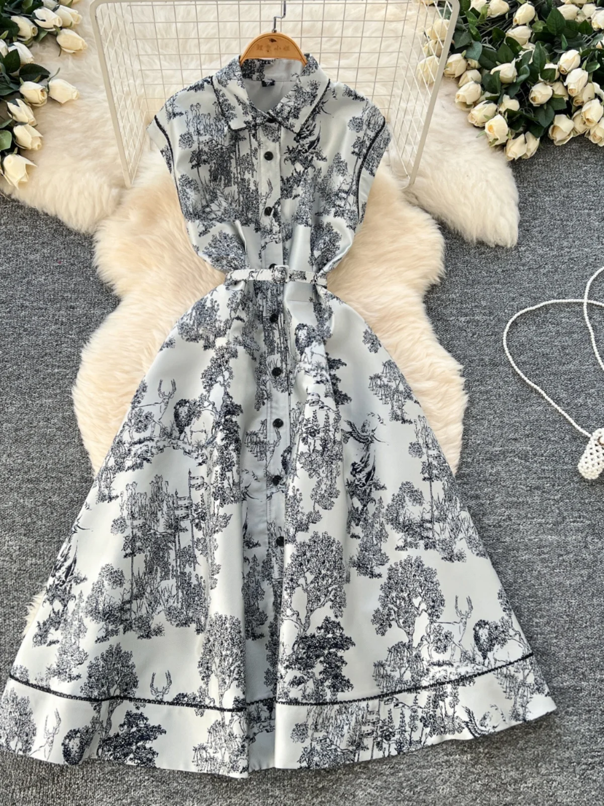 

Ele High Waist A-Line Dr Svel Turn-down Collar Floral Embroidery Midi Dr Korean Sle Commute Spring New Arrival