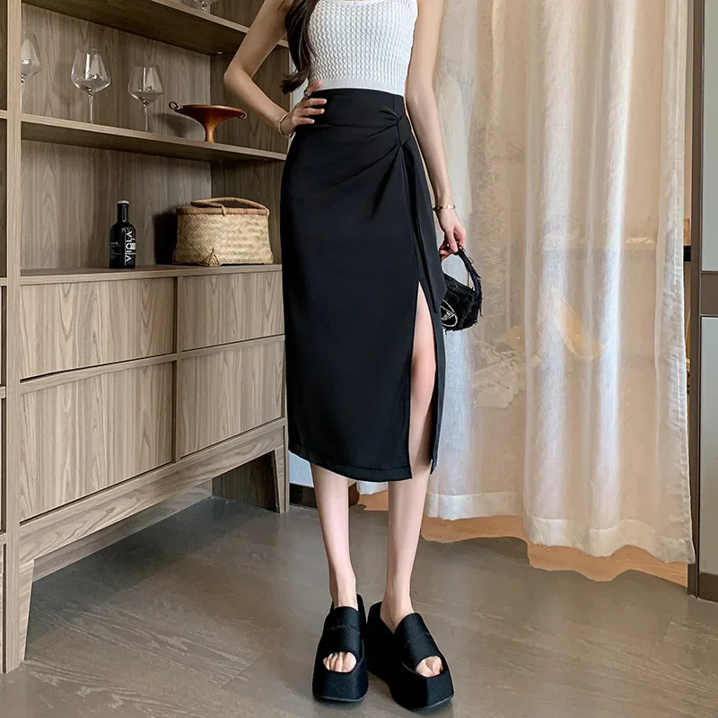 Pop Women's Petite Summer Long Dress Side Slit High-waisted Slimming A- Line Skirt Fashionable Versatile Casual Petite Skirt