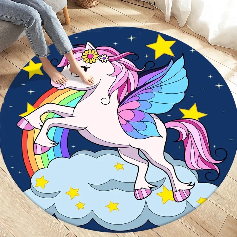 Cartoon Cute Unicorn Animals Round Carpet Shiny Golden Stars Circle Rug Girls Bedroom Living Room Floor Mat Chair Pad Doormat