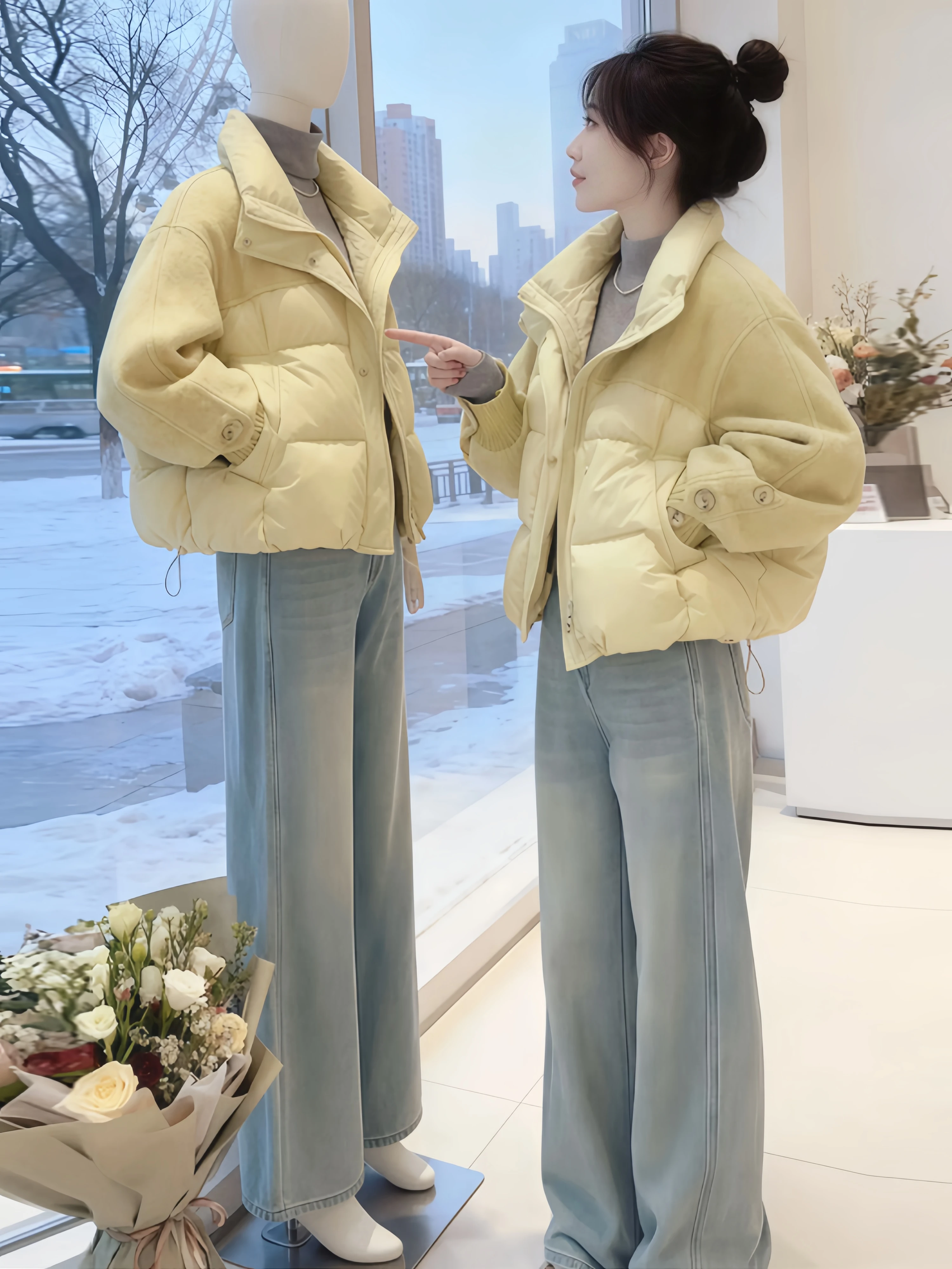 

Women's Short Padded Jacket Color Block Fleece Lined Thick Warm Cotton Coat Korean Style Loose Fit Long Sleeve Zipper Closure