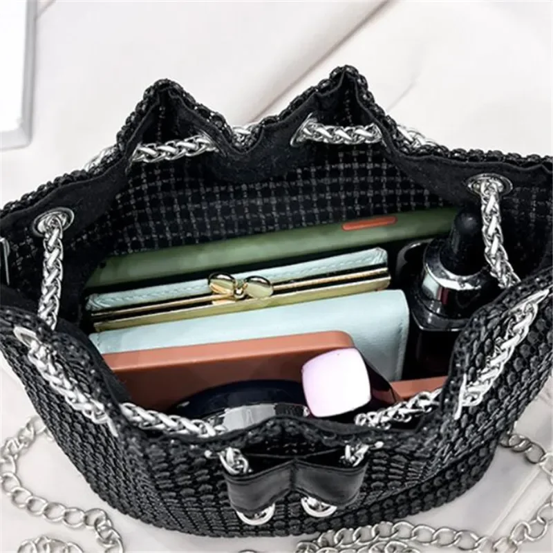 Sparkling Rhinestone Embellished Drawstring Crossbody Bag for Women Multi-Functional Bucket Purse with Detachable Chain Strap image 5