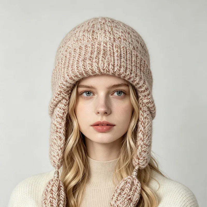 2026 Fashion Women Winter Rabbit Fur Warm Hat Fur Ear Flap Cap Angora Knitted Hat Skullies Beanies Female Bonnet Woman Knit Cap