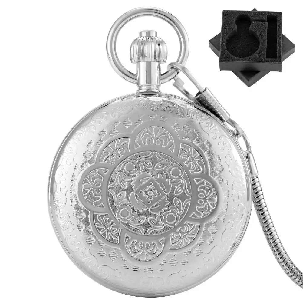 Retro Luxury Copper Mechanical Self-Winding Pocket Watch with Arabic Numerals Dial Fob Chain Flower Pattern Pendant Clock Gift