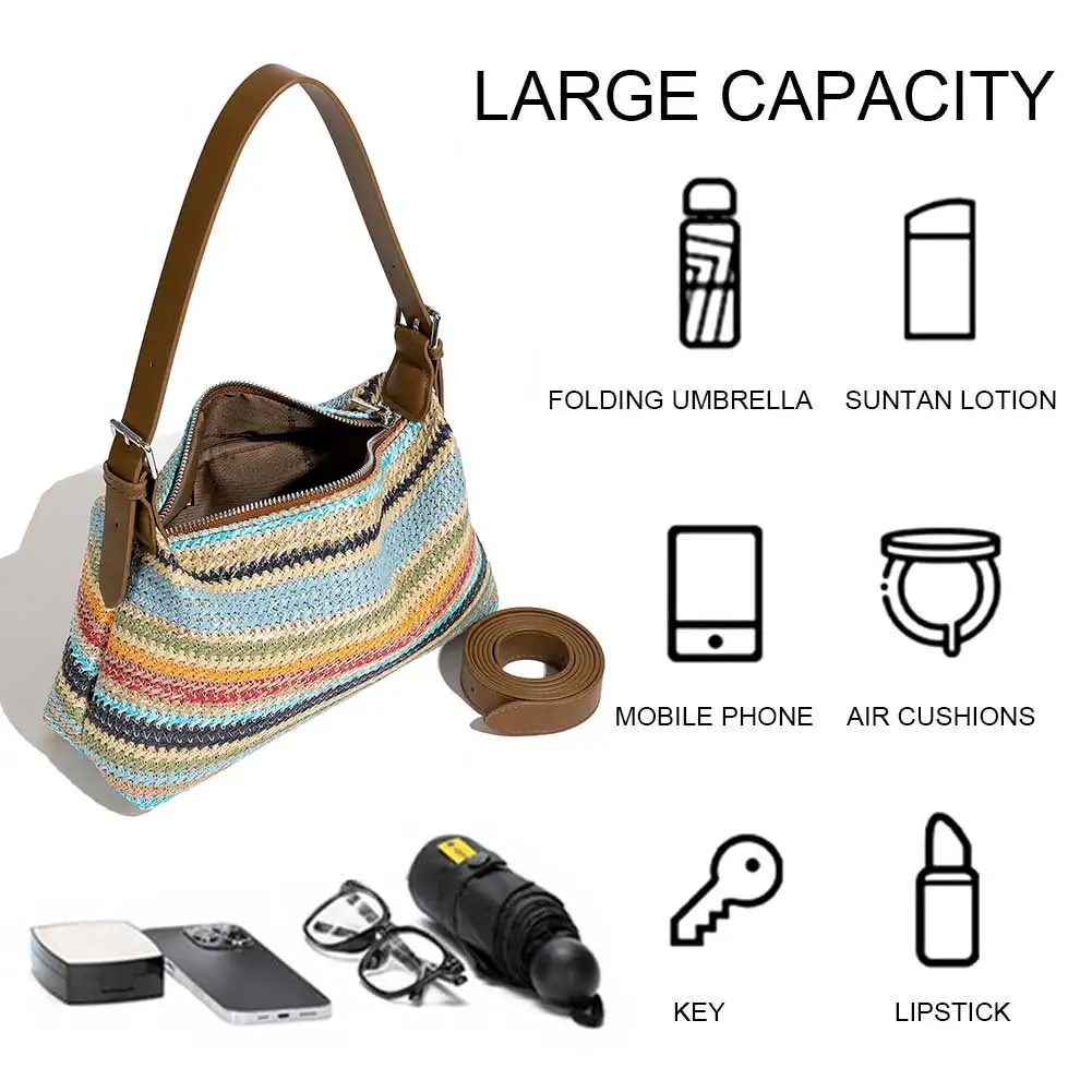 

Women Straw Bag Striped Crossbody Bag Large Capacity Bohemian Underarm Bag Adjustable Strap Weaving Beach Bag for Daily Matching