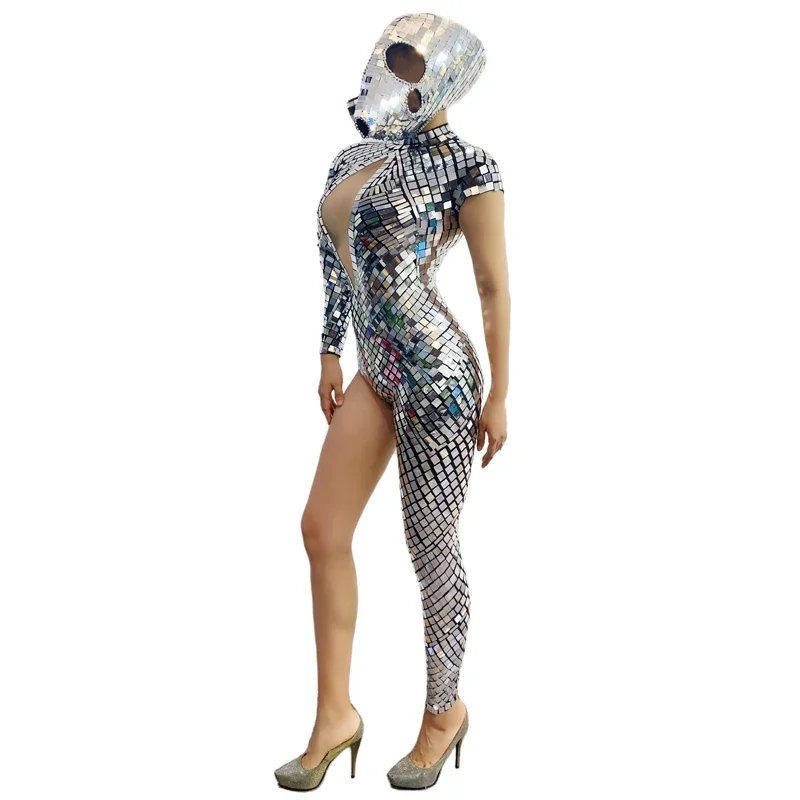 Sparkly Mirrors Jazz Costume Sexy Single Sleeve Leg Silver Lens Jumpsuit Skull Headgear Women Nightclub Ds Dj Pole Outfit