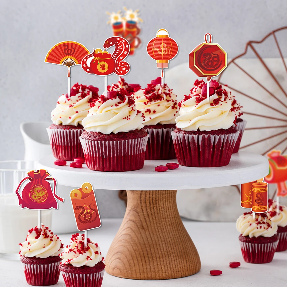12/24pcs Chinese New Year Cupcake Toppers New Year Party Cake Decor New Year of Snake Lunar Chinese Spring Festival Decor