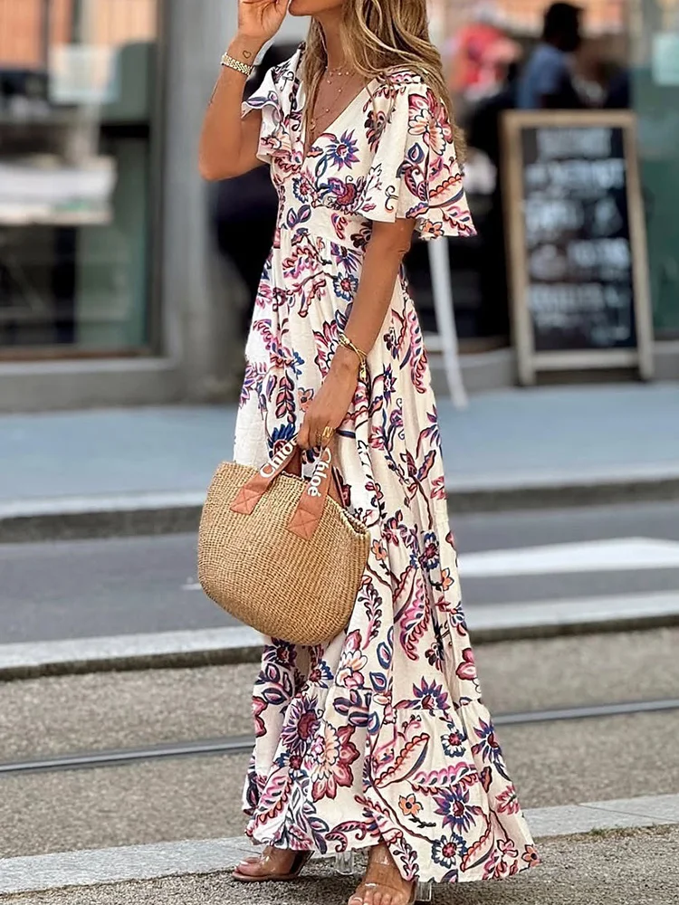 フリルパッチワークファッションシックマキシドレス、女性夏ショートバタフライスリーブシンプルパーティードレス、新しいプリントVネックレディースドレス