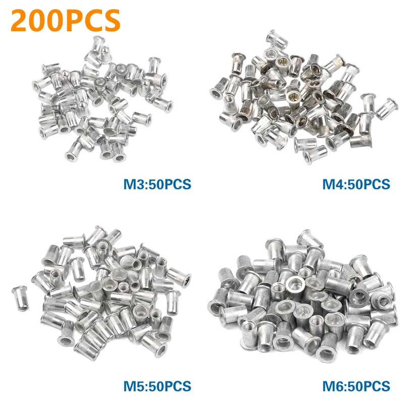 240/200/150PCS Aluminum Rivet Nut Aluminum Alloy Rivnut Flat Head Threaded Rivet Insert Nutsert Cap Rivet Nut M3 M4 M5 M6 M8 M10