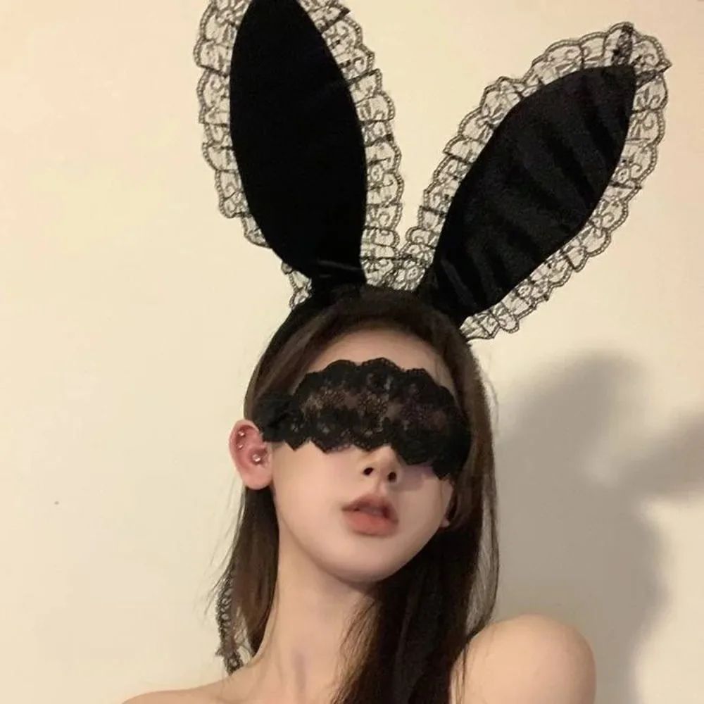 Sexy Halloween Lace Black Eye Mask Face Painting Dance Prop Black Rabbit Ear Lace Hair Ties Women Trendy Makeup Party Hairband