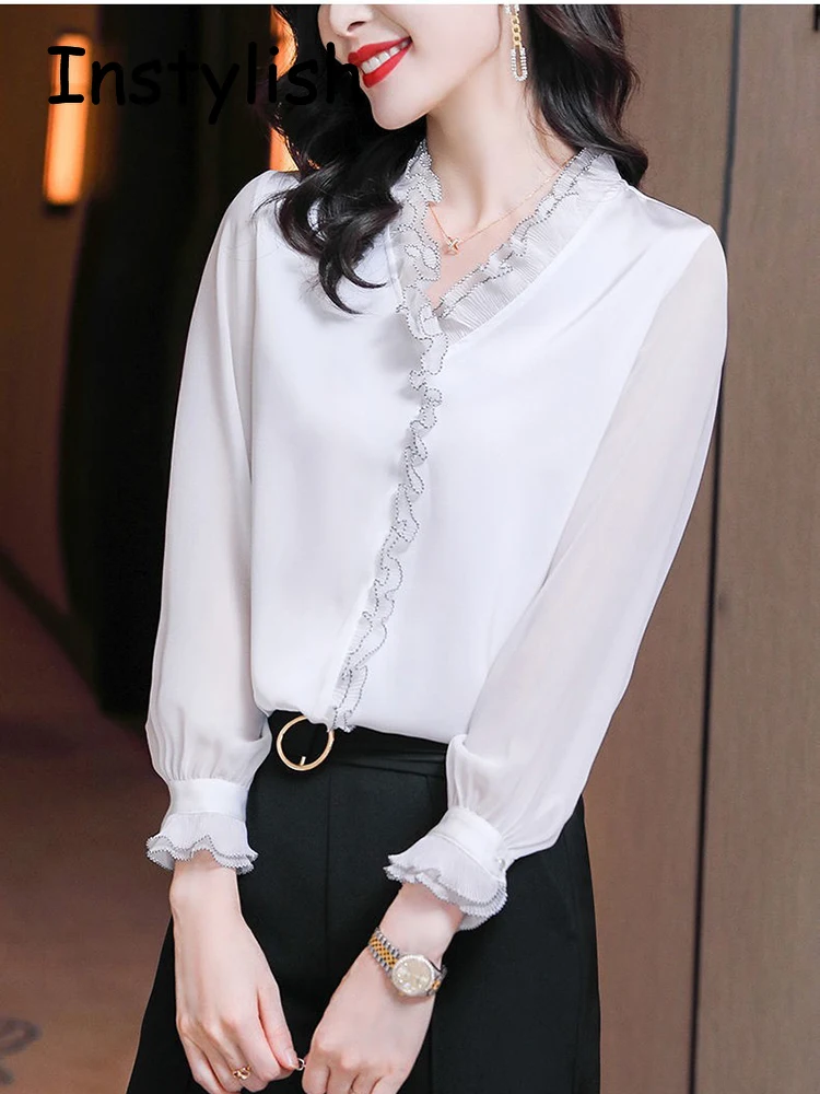 Elegant Women Chiffon Shirt Korean Blouse Office Lace Mesh Long Sleeve Ruffles V NeckTops Casual Vintage Pullovers Blusas 2022