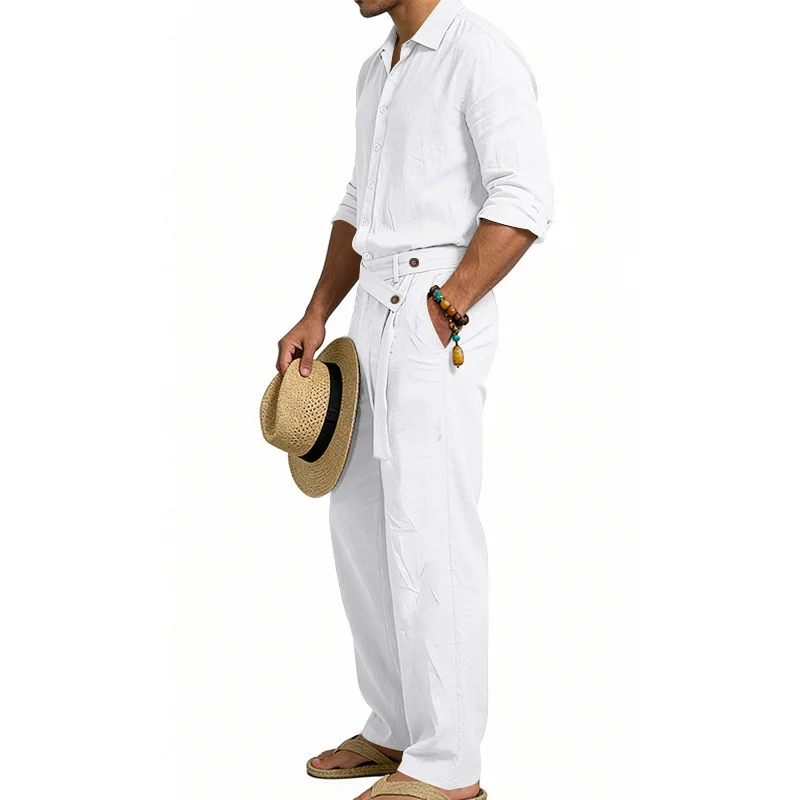 Europäisch-Amerikanisches Herren-Leinen-Freizeitset: Hemd mit Umlegekragen und Hose mit hohem Bund und Gürtel – Locker, atmungsaktiv, für Urlaub und Strand – Detail 6