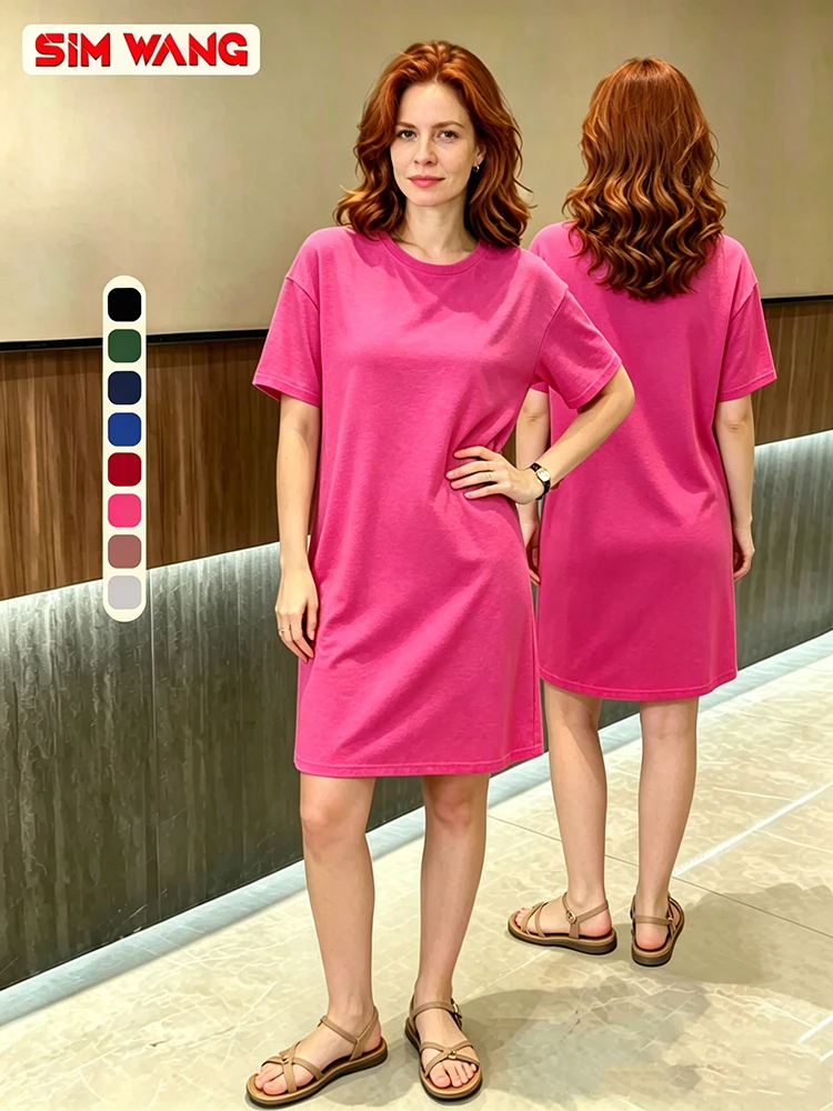 Vestido Holgado Informal de Manga Corta Color Fucsia, Ropa de Verano para Mujer Estilo Europeo y Americano para Exportación